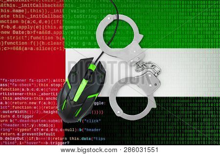 United Arab Emirates Flag  And Handcuffed Computer Mouse. Combating Computer Crime, Hackers And Pira