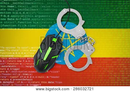 Ethiopia Flag  And Handcuffed Computer Mouse. Combating Computer Crime, Hackers And Piracy