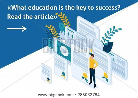 Isometric Bright Template Banner Article Education And Coaching Is The Key To Success. Diplomas And 