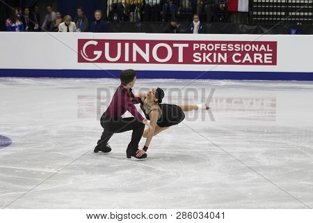 Belarus, Minsk, January 25, 2019. Minsk Arena. European Figure Skating Championship. Dancing on ice. Italian figure skaters Charlene Guignard Marco Fabbri perform the program. Dance couple