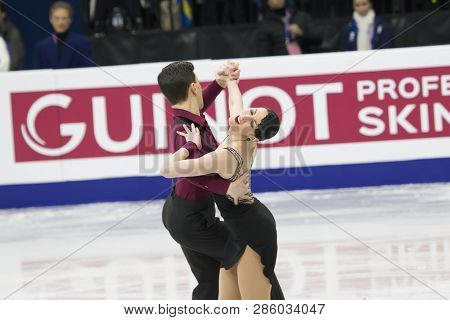 Belarus, Minsk, January 25, 2019. Minsk Arena. European Figure Skating Championship. Dancing on ice. Italian figure skaters Charlene Guignard Marco Fabbri perform the program. Dance couple