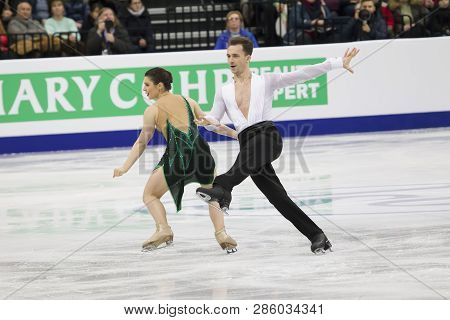 Belarus, Minsk, January 25, 2019. Minsk Arena. European Figure Skating Championship. Dancing on ice. Polish skaters Natalia Kaliszek Maxim Spodyriev perform the program. Dance couple