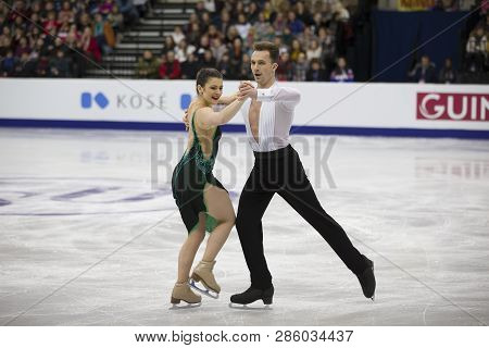 Belarus, Minsk, January 25, 2019. Minsk Arena. European Figure Skating Championship. Dancing on ice. Polish skaters Natalia Kaliszek Maxim Spodyriev perform the program. Dance couple