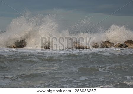 View Of Stormy Sea In Porto Recanati, Marche Region, Italy