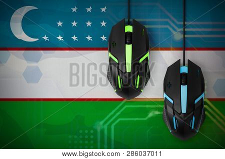 Uzbekistan Flag  And Two Mice With Backlight. Online Cooperative Games. Cyber Sport Team