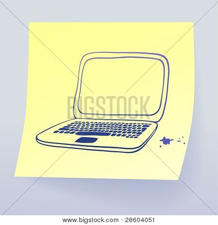 laptop, op kleverige papier