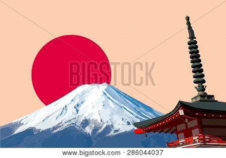 Mount Fuji ( Mt. Fuji ) And Chureito Pagoda With Red Rising Sun Background. Flag And Symbol Of Japan