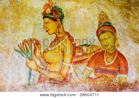 Gamle kalkmalerier på Mount Sigiriya, Sri Lanka (Ceylon).