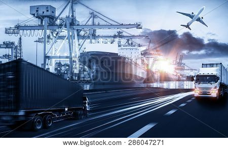 Logistics And Transportation Of Container Cargo Ship And Cargo Plane With Working Crane Bridge In Sh