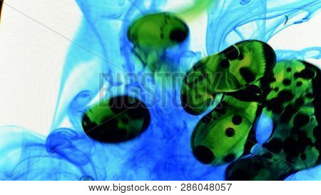 Drops Of Oil And Blue Ink That Enters The Water Forming Animated Textures, Footage Ideal For Motiong
