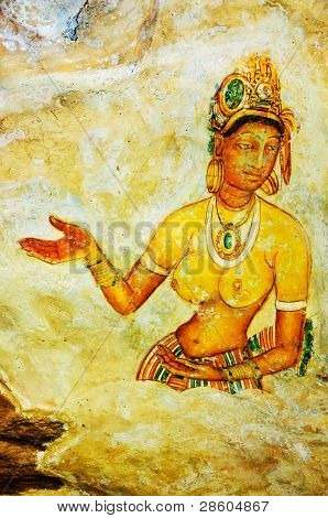 Gamle kalkmalerier på Mount Sigiriya, Sri Lanka (Ceylon).
