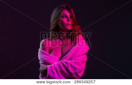 Woman In A Bathrobe With Great Boobs. Sexy Girl, Big Boobs, Topless, Bathrobe. Sensual Female Breast