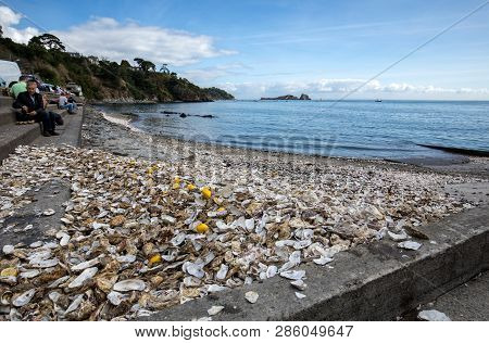 Cancale, France - September 15, 2018: Thousands Of Empty Shells Of Eaten Oysters Discarded On Sea Fl