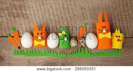 Cute Creative Photo With Easter Eggs, Papaer Cratf Diy Chiken And The Easter Bunny, Holiday Springti