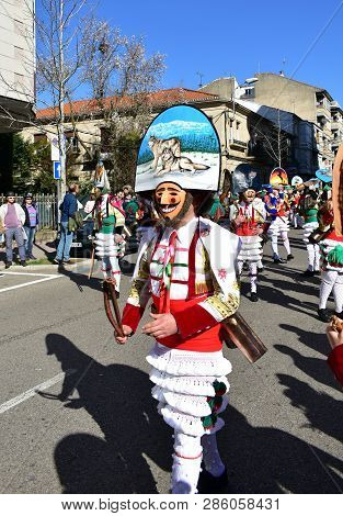 Verin, Spain, 24 Feb 2019. Famous Carnival And Street Parade With Cigarrons Costumes. Ourense Provin