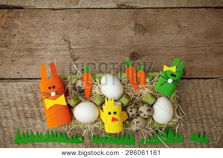 Cute Creative Photo With Easter Eggs, Papaer Cratf Diy Chiken And The Easter Bunny, Holiday Springti