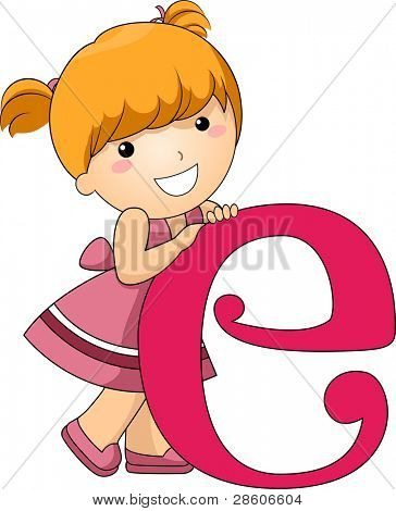 Illustration of a Kid Leaning on a Letter E