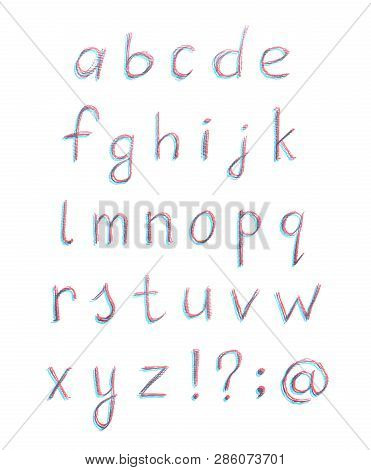 Hand Drawn With The Chalks Set Of Alphabet Letters And Signs, Composition Isolated Over The White Ba