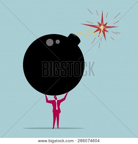 The Businessman Raised A Huge Bomb. Isolated On Blue Background.