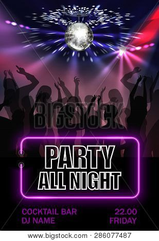 Realistic Night Party Advertising Poster With Dancing People Crowd Under Sparkling Disco Ball Vector