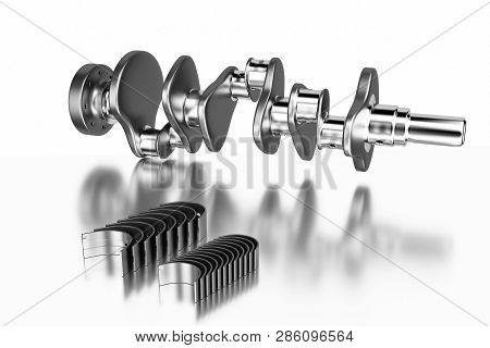 3d Rendering. Crankshaft For 6v Cylinders Engine. Truck Crankshaft On White Background. Engine Beari