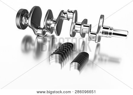 3d Rendering. Crankshaft For 6v Cylinders Engine. Truck Crankshaft On White Background. Engine Beari