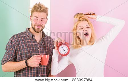Couple Morning Awakening Alarm Clock. Create Healthy Rest Regime To Sleep Enough. Regret Late Regime