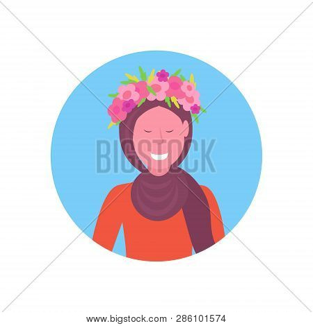 Arab Woman Face Avatar Girl In Wreath Of Flowers Arabic Female Cartoon Character Portrait White Back