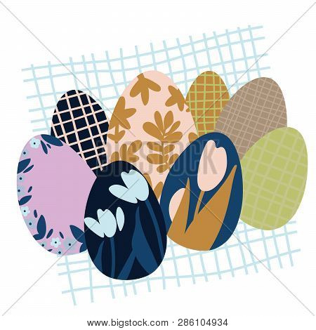 Colorful Easter Eggs Doodle Set Decorations. Spring Flowers. Bright Colors. Great For Postcard, Fabr