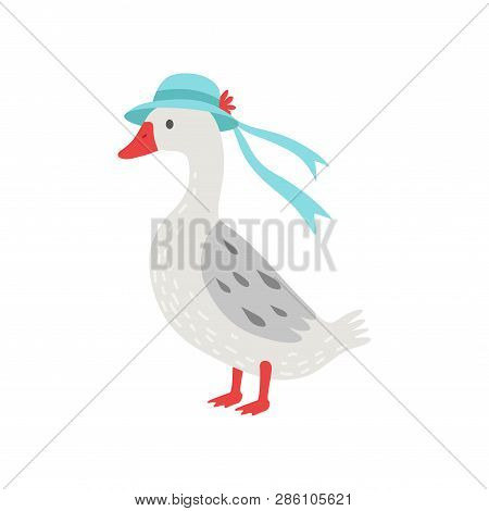 Beautiful White Goose Cartoon Character Wearing Elegant Hat With Ribbon Vector Illustration