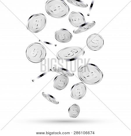 Silver Coins Falling On White. 3d Silver Money Isolated Coins Background Concept For Business.