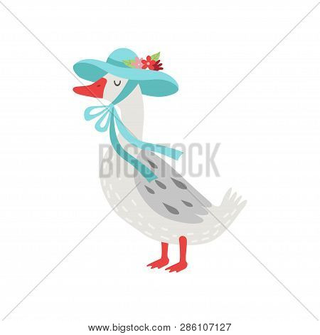 Beautiful White Goose Cartoon Character Wearing Light Blue Elegant Hat With Flowers Vector Illustrat