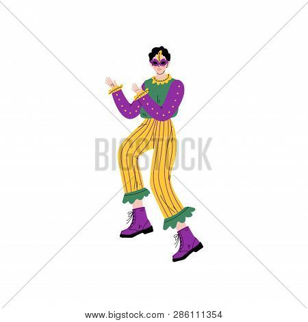 Man In Bright Mardi Gras Costume And Mask Celebrating Carnival Party Vector Illustration