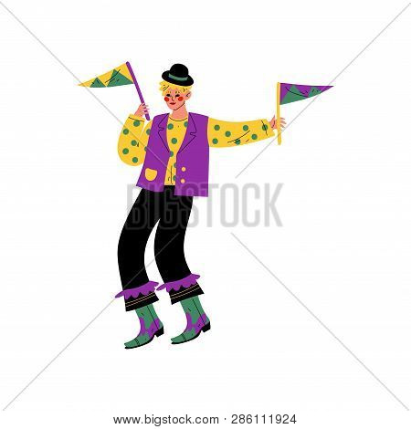 Young Man Wearing Bright Traditional Mardi Gras Costume, Guy Celebrating Carnival Party With Flags V