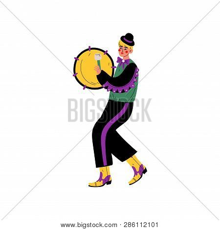 Young Man In Bright Traditional Mardi Gras Costume Celebrating Carnival Party With Tambourine Vector