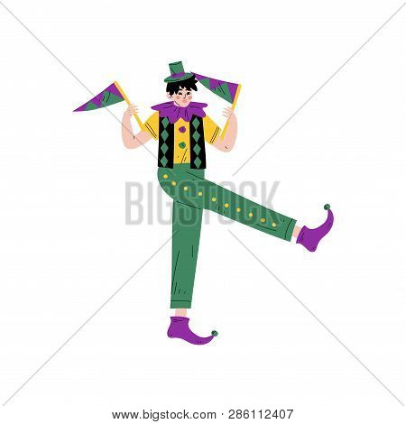 Man In Bright Traditional Mardi Gras Costume Celebrating Carnival With Party Flags Vector Illustrati