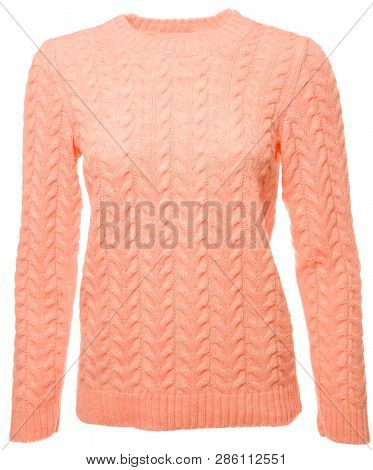 Coral trendy color long sleeved jersey on a mannequin isolated on a white background