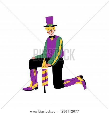 Man In Bright Traditional Mardi Gras Costume Celebrating Carnival With Party Cracker Vector Illustra