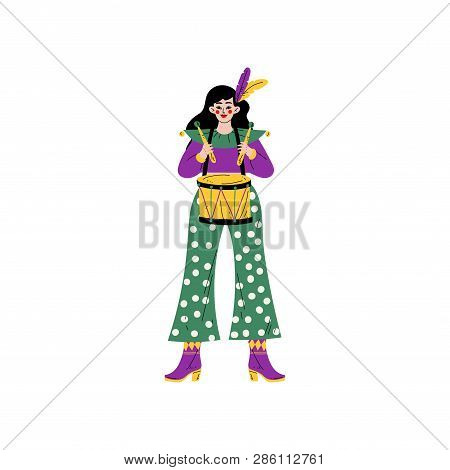 Beautiful Woman Wearing Bright Traditional Mardi Gras Costume Playing Drum, Girl Celebrating Carniva