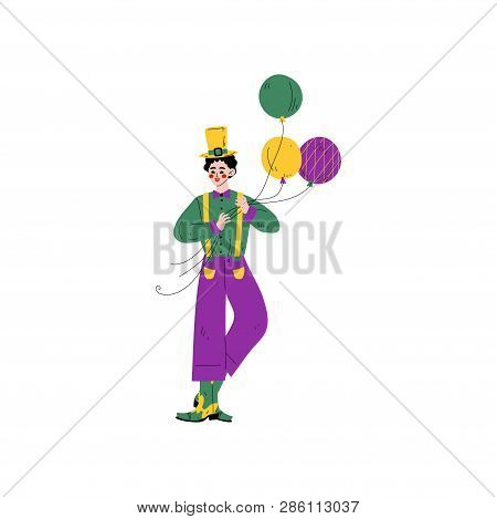 Young Man In Bright Traditional Mardi Gras Costume Celebrating Carnival Party With Balloons Vector I
