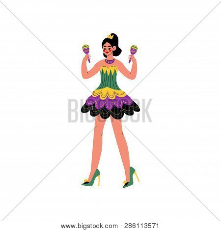 Beautiful Young Woman Wearing Bright Traditional Mardi Gras Costume And Mask, Girl Celebrating Carni