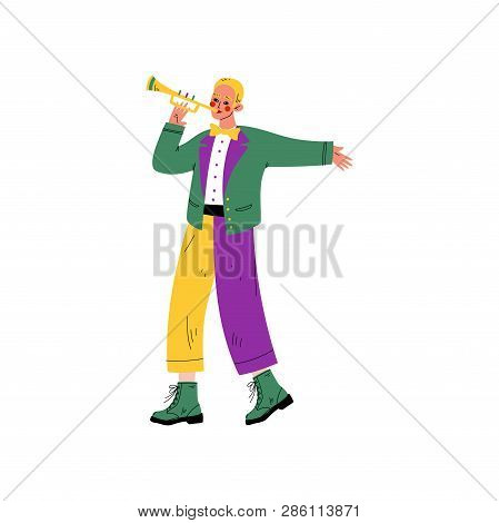 Young Man In Bright Traditional Mardi Gras Costume Playing Trumpet, Guy Celebrating Carnival Party V