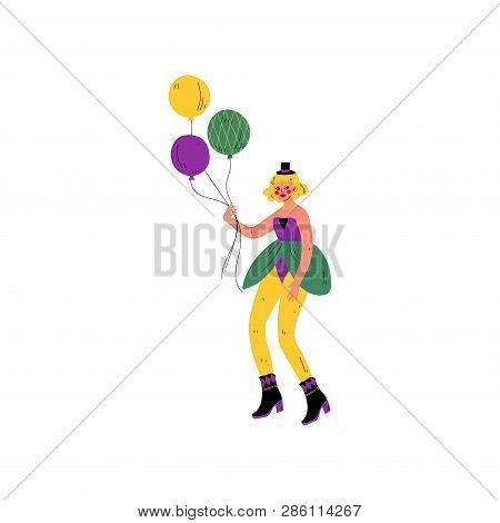 Beautiful Young Woman In Bright Traditional Mardi Gras Costume Celebrating Carnival Party With Ballo