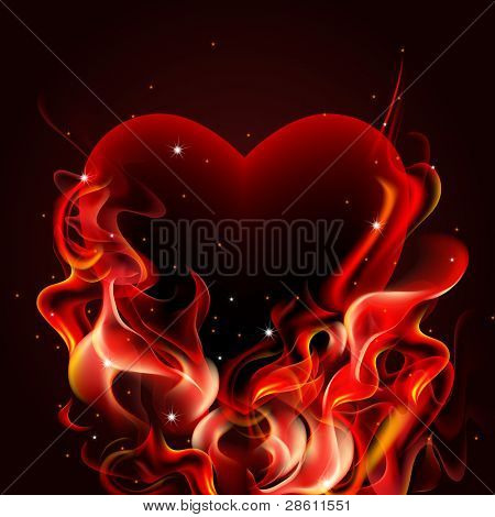Corazón ardiente sobre fondo oscuro.