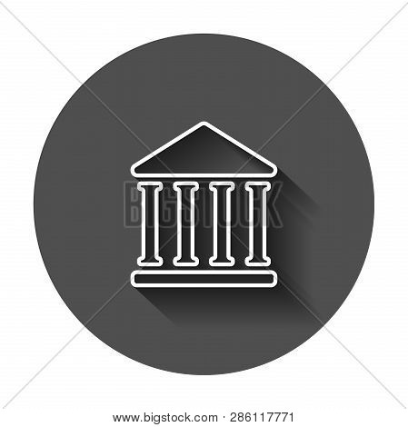 Bank Building Icon In Flat Style. Government Architecture Vector Illustration With Long Shadow. Muse
