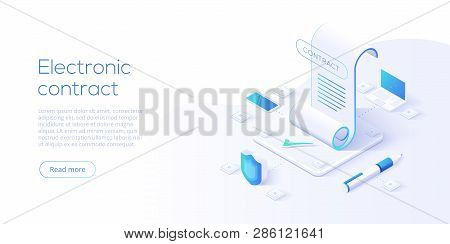 Electronic Contract Or Digital Signature Concept In Isometric Vector Illustration. Online Document S