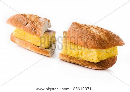 Bocadillo De Tortilla Española. Spanish Potato Omelette Sandwich Isolated On White Background.typica