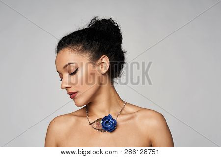 Beauty Profile Portrait Of Beautiful Mixed Race Woman Wearing Chocker