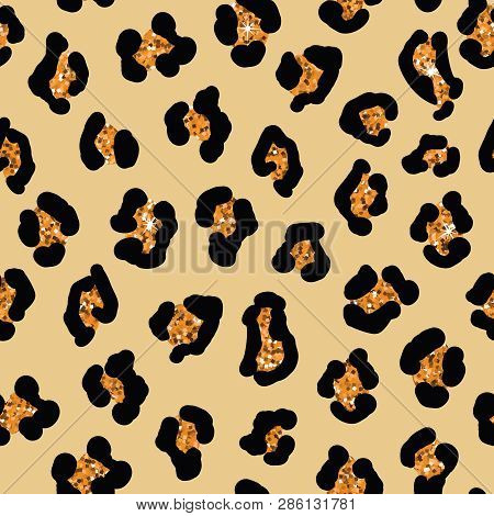 Seamless Leopard Skin Pattern. Animal Print With Golden Glitter, Fashion Glamour Textile Background.