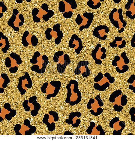 Seamless Leopard Skin Pattern. Animal Print With Golden Glitter, Fashion Glamour Textile Background.